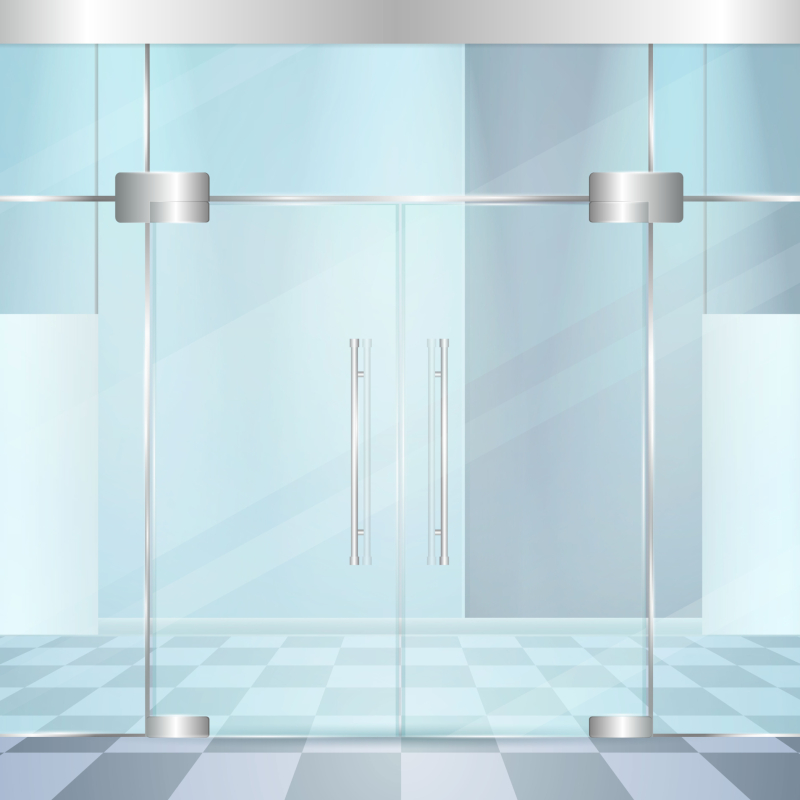 Entrance doors facade realistic 3d composition with wall of glass and modern doors with metal hinge straps vector illustration